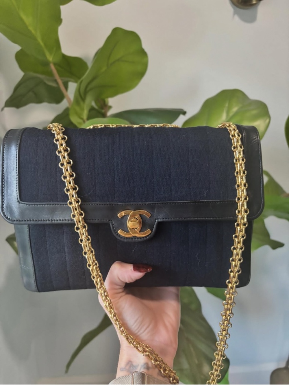 Vintage navy jersey and leather CHANEL Mademoiselle Matelasse